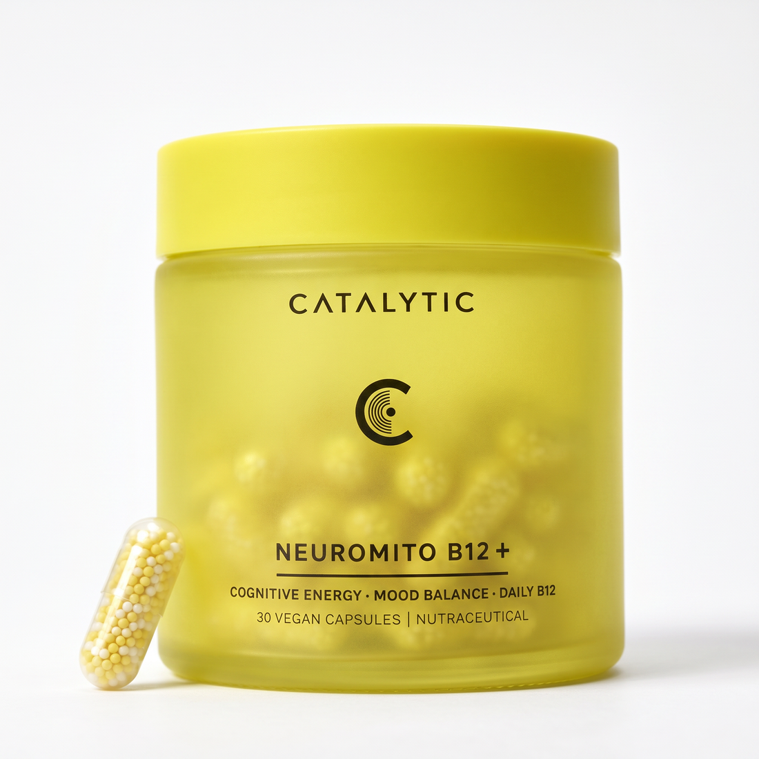 Yellow jar of Catalytic Neuromito B12+ supplement on a white background