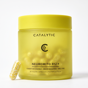 Yellow jar of Catalytic Neuromito B12+ supplement on a white background