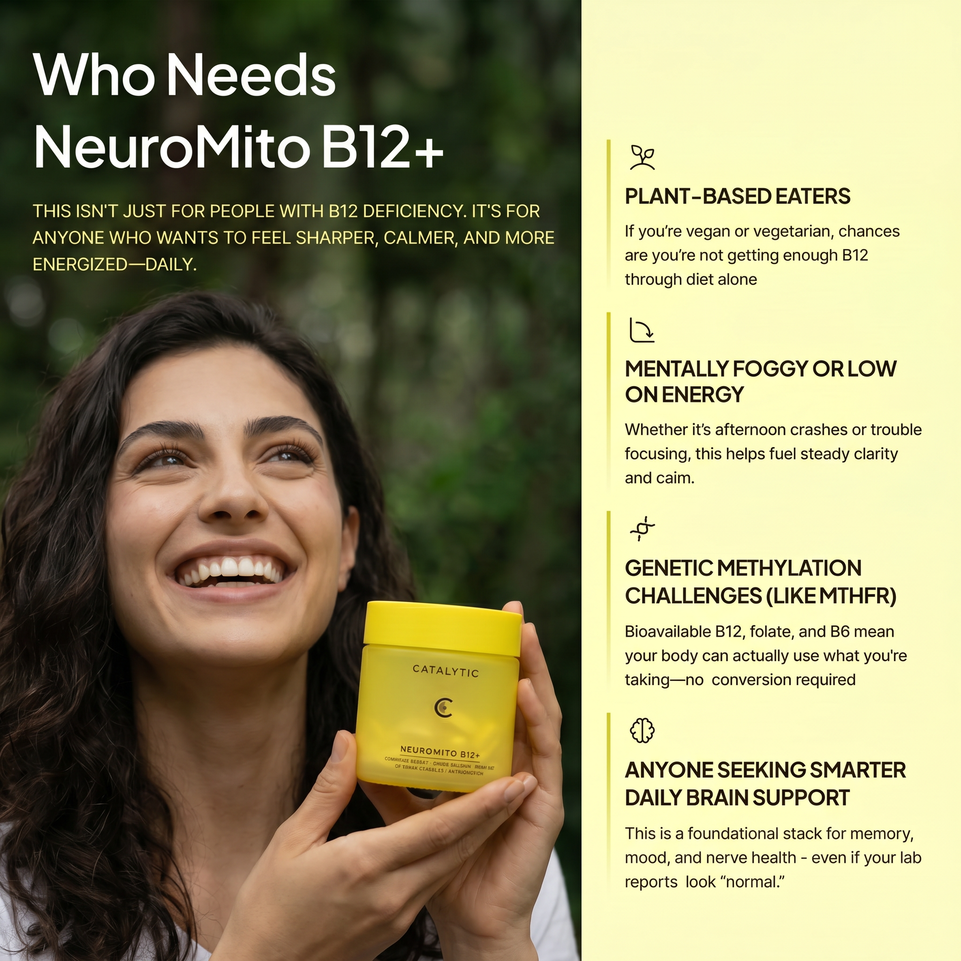 Woman holding a yellow container of NeuroMito B12+ with text about its benefits on a green background