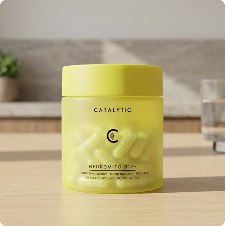 Catalytic Neuromito B12+ jar on a kitchen countertop