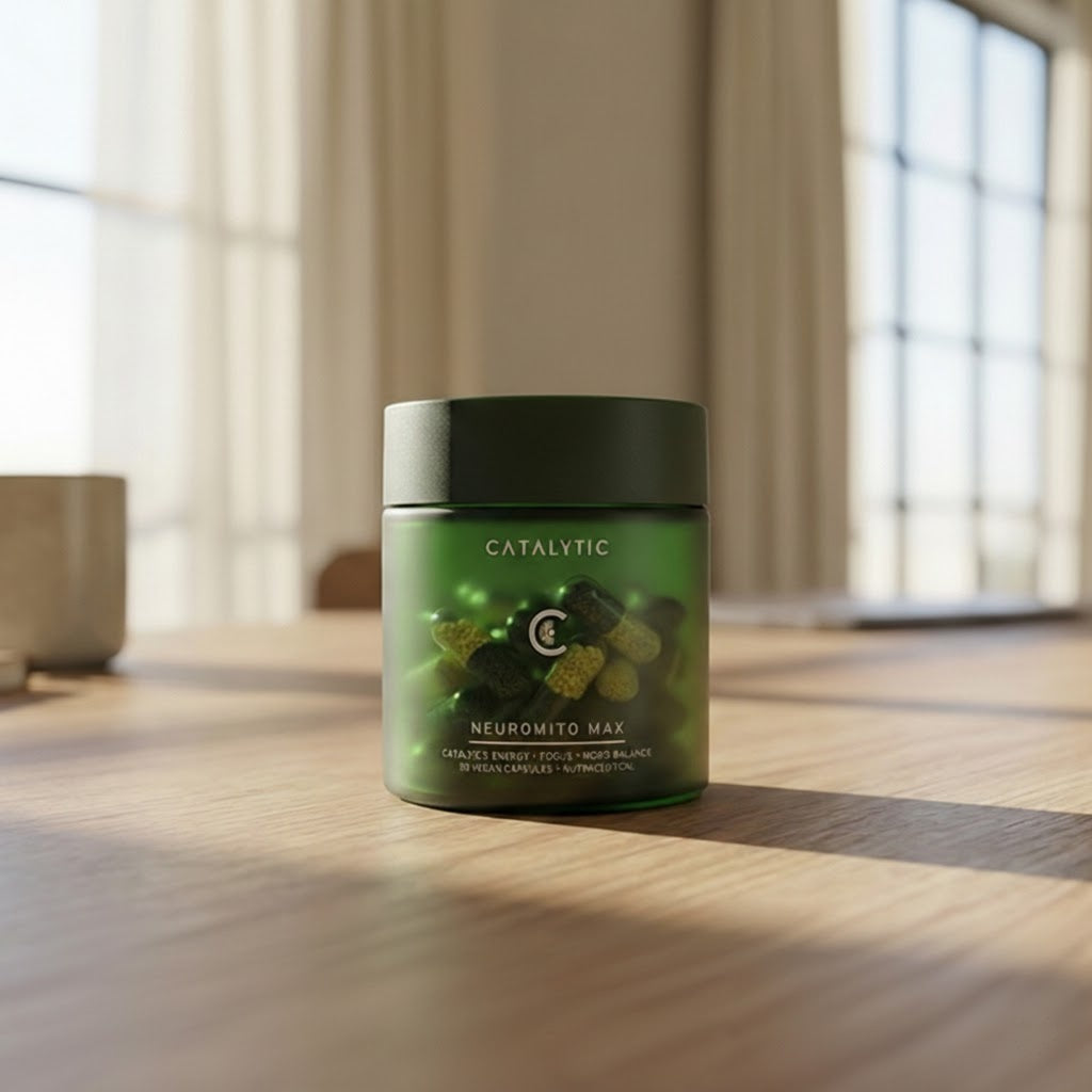 Catalytic Neuromito Max jar on a wooden table in a sunlit room